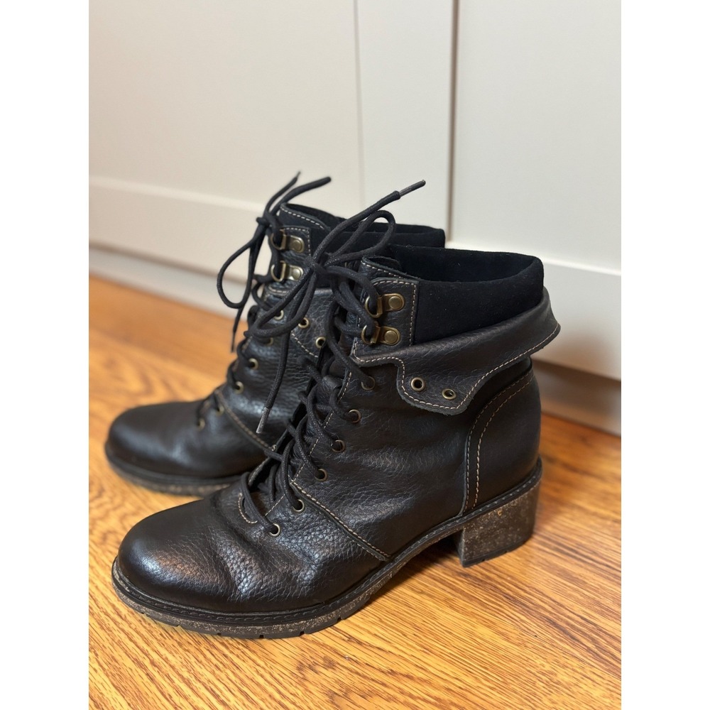 Aetrex Aubry Black Leather Lace Up Side Zip Ankle Combat Boots CB100W Womens 8.5